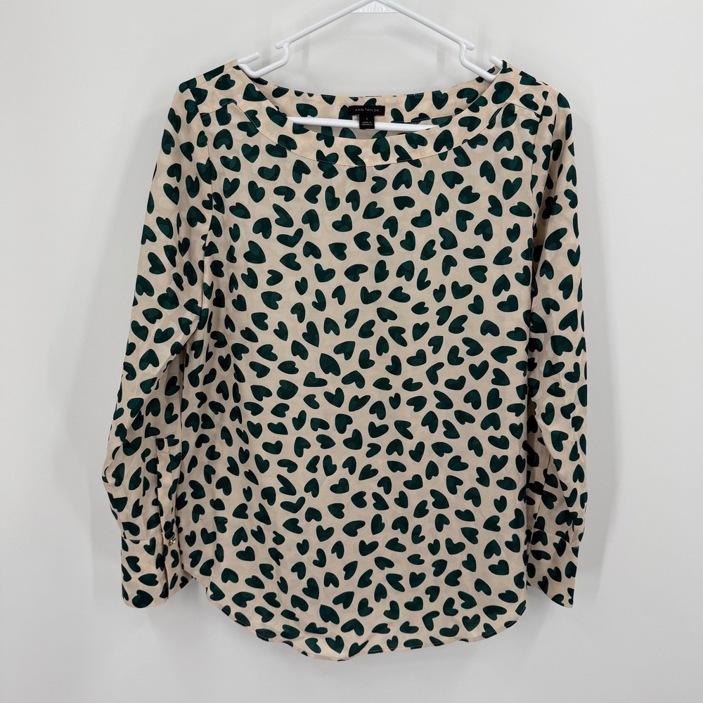 Ann Taylor‎ Top Small Green Hearts Print Long Sleeve Blouse Casual